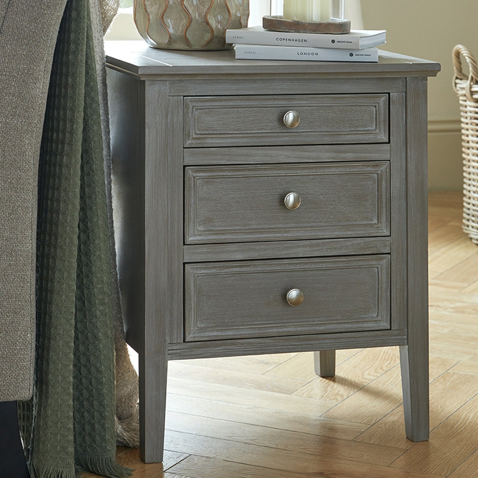 Serene Collection Three-Drawer Bedside Table in Grey